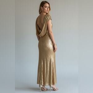✨Glamorous Gold Sequin Formal Gown Draped Back Maxi Evening Party Dress